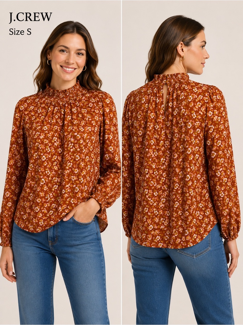 J. Crew Floral Smocked Neck Blouse Size S Boho Cottagecore Top